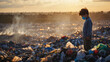 © dubogray1985 - A sad child wearing a face mask standing in a landfill filled with trash