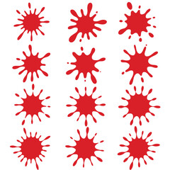 Poster - Twelve red paint splatters arranged in a grid pattern on a white background showcasing fluid dynamics