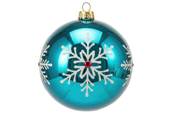 Wall Mural - A shiny teal christmas ornament with white snowflakes and a red center hangs, isolated on a transparent background