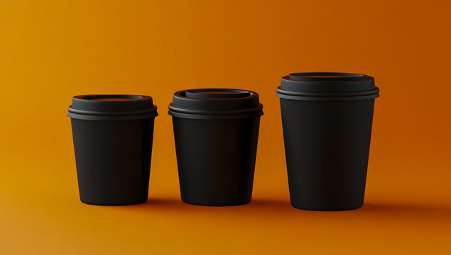 3D rendering of a black paper coffee cup mockup set against a vibrant orange background, showcasing a minimal, modern branding design.