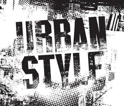 Abstract vector banner on the theme of urbanism, street art, digital technology against the fragments architecture of a cityscape, pixels.T-shirt design, poster. No AI used