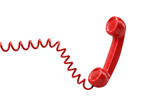 A bright red telephone receiver with a coiled cord isolated on a transparent background