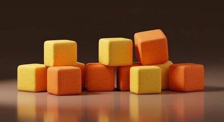 Poster - Stacked Yellow and Orange Cubes with Soft Lighting and Reflections on a Brown Surface