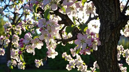 Wall Mural - Close up of a blooming apple tree bathed in gentle morning sunlight situated in an old garden in Almaty with delicate spring blossoms on the branches creating a peaceful and radiant natural setting