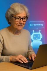 Poster - An elderly woman, engrossed in a digital conversation, interacts with a charming AI chatbot, her focused expression suggesting a blend of curiosity and engagement.