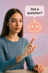 Aufkleber - a young woman uses a futuristic transparent screen to interact with an ai chatbot in a modern settin