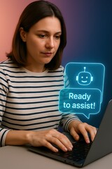 Poster - A woman engages with a futuristic chat bot, representing the seamless integration of technology and human interaction, in a setting. The scene is bathed in neon hues.