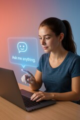 Poster - A young woman interacts with an AI chatbot assistant on her laptop, the futuristic concept of digital communication is depicted. customer support service