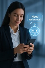 Poster - A businesswoman interacts with an AI chatbot on her phone, the scene capturing a modern interface of tech interaction, service-focused and business-oriented. customer support service
