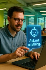 Poster - A man is engaging with an AI chatbot, the vibrant colors of the digital interface reflecting on his focused face. This image combines technology and human interaction. customer support service