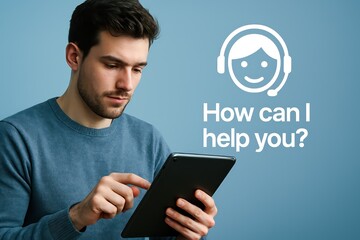 Poster - A helpful professional, embodying support and guidance, navigates a digital tablet interface against a tranquil backdrop, ready to assist.  customer support service