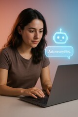 Poster - A woman engages in a conversation with an AI chatbot, symbolized by a digital chatbot avatar on a glowing screen, exploring the potential of AI and virtual assistance.