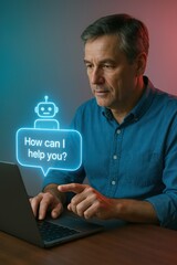 Poster - A mature man engages with an AI assistant on his laptop, a digital robot icon hovers above a speech bubble offering help, set against a modern, tech-forward backdrop. customer support service