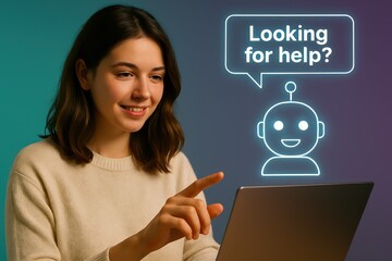 Poster - A woman interacts with an AI chatbot on a laptop, highlighting the digital assistance experience with a futuristic and innovative concept. customer support service