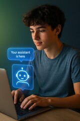 Poster - A young student interacts with an AI assistant on his laptop, symbolizing the fusion of education and the latest technologies. The scene is focused on innovation and modern learning approaches.