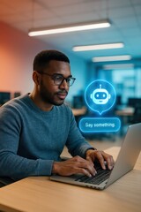 Poster - An inquisitive man engages with a modern AI assistant, utilizing a laptop in a contemporary office setting. customer support service