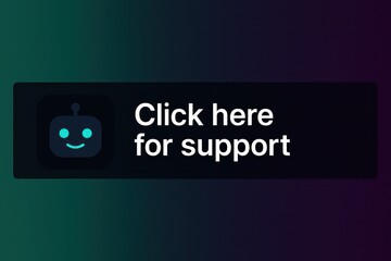 Poster - 'Click here for support' with smiling robot face graphic button for website, ui, ux design in black gradient background. customer support service