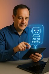 Poster - A modern tech-savvy man engages with an interactive chatbot interface on a tablet, indicating the ease of access to information and support. customer support service