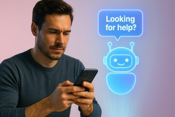 Poster - A user's interaction with a smart AI chatbot on a smartphone. Capturing the human-machine interaction, this photorealistic scene captures an inquisitive man seeking assistance.