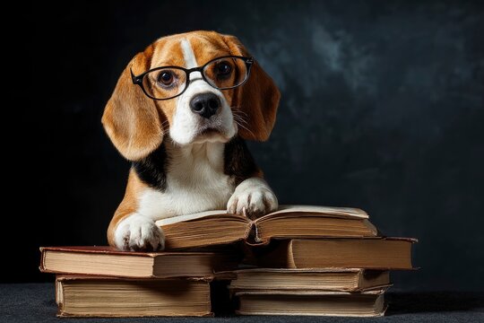 A beagle with glasses stands behind an open book atop a stack of old books