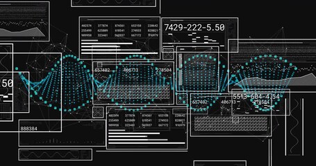 Poster - Wireframe network starting teal waveform sweeping panels, visualizing numeric data streams