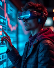 Person using vr headset interacting with digital display