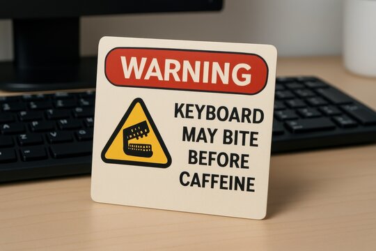 Warning Sign Suggesting Keyboard May Bite Before Caffeine