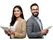 © Creative Design - Smiling diverse business professionals a man and a woman holding tablets and looking at the camera isolated on transparent background