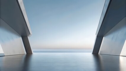 Poster - Futuristic Minimalist Structure with Converging Metallic Beams and Reflective Floor under Blue Sky