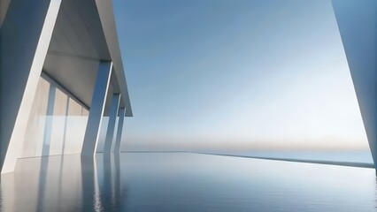 Poster - Futuristic Oceanfront Structure with Reflective Surface, Minimalist Architectural