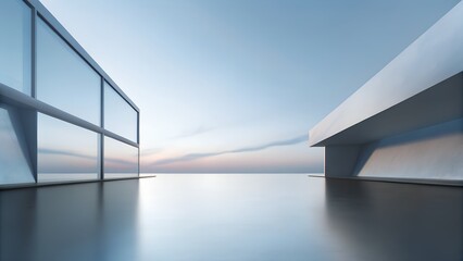 Poster - Minimalist Architectural Scene with Reflective Surface, Glass Railing, and Geometric Structure at Sunset