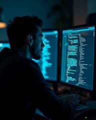 Programmer concentrating on computer screen at night