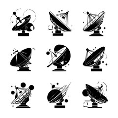 Poster - Collection of nine stylized satellite dishes in black and white for tech related designs and projects office life