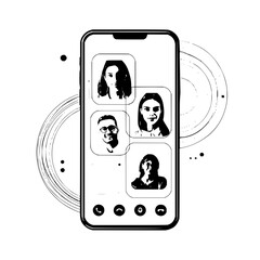 Poster - Smartphone displaying a video conference call with four participants in a black and white illustration office life