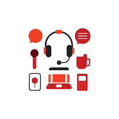 Poster - Vector art of customer service icons including headset, microphone, laptop, and phone