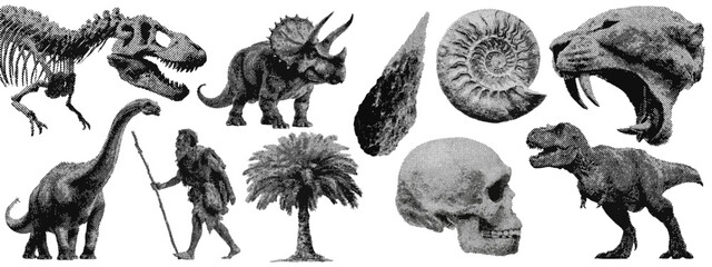 Poster - Set of prehistoric dinosaur halftone grunge vector design elements