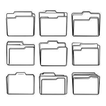 Collection of nine outlined folder icons representing data storage and file management in technology office life