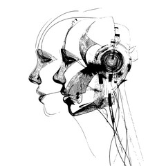 Poster - Abstract sketch of a cyborg head with visible technology and human features in black and white office life