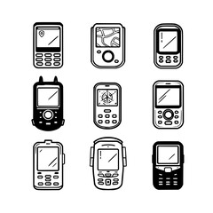 Poster - A collection of nine vintage mobile phones and gps devices displayed in a grid pattern on white background office life