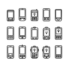 Poster - Collection of vintage mobile phones with various designs and button layouts in black and white outline office life