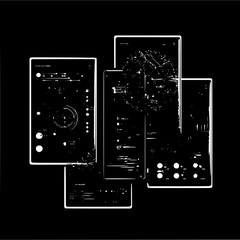 Poster - Abstract representation of multiple electronic devices with various controls and displays on black background