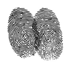 Poster - Two overlapping fingerprints in black ink on a white background showing unique ridge patterns and swirls