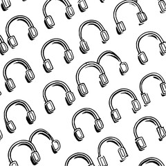 Poster - Seamless pattern of stylized black and white headphones arranged in a repeating design on white background