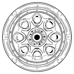 Poster - Circular mechanical design with central hub and radial elements in black and white sketch style art
