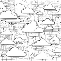 Poster - Cloud computing network with multiple clouds connected by lines and dots on a white background design