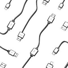 Poster - Seamless pattern featuring multiple usb cables and connectors in a monochrome sketch style design