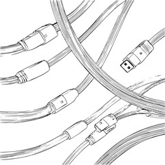 Poster - Illustration of several usb cables tangled together in a chaotic manner on a white background surface view