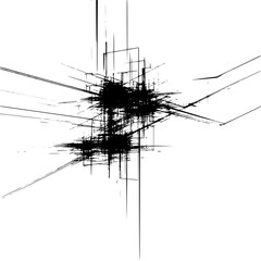 Poster - Abstract black and white composition featuring a dense cluster of intersecting lines and shapes center