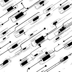 Poster - Repeating pattern of stylized black and white capsules connected by lines and dots on a white background