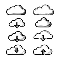 Poster - Illustration of cloud icons with download and upload symbols in a sketch style on a white background